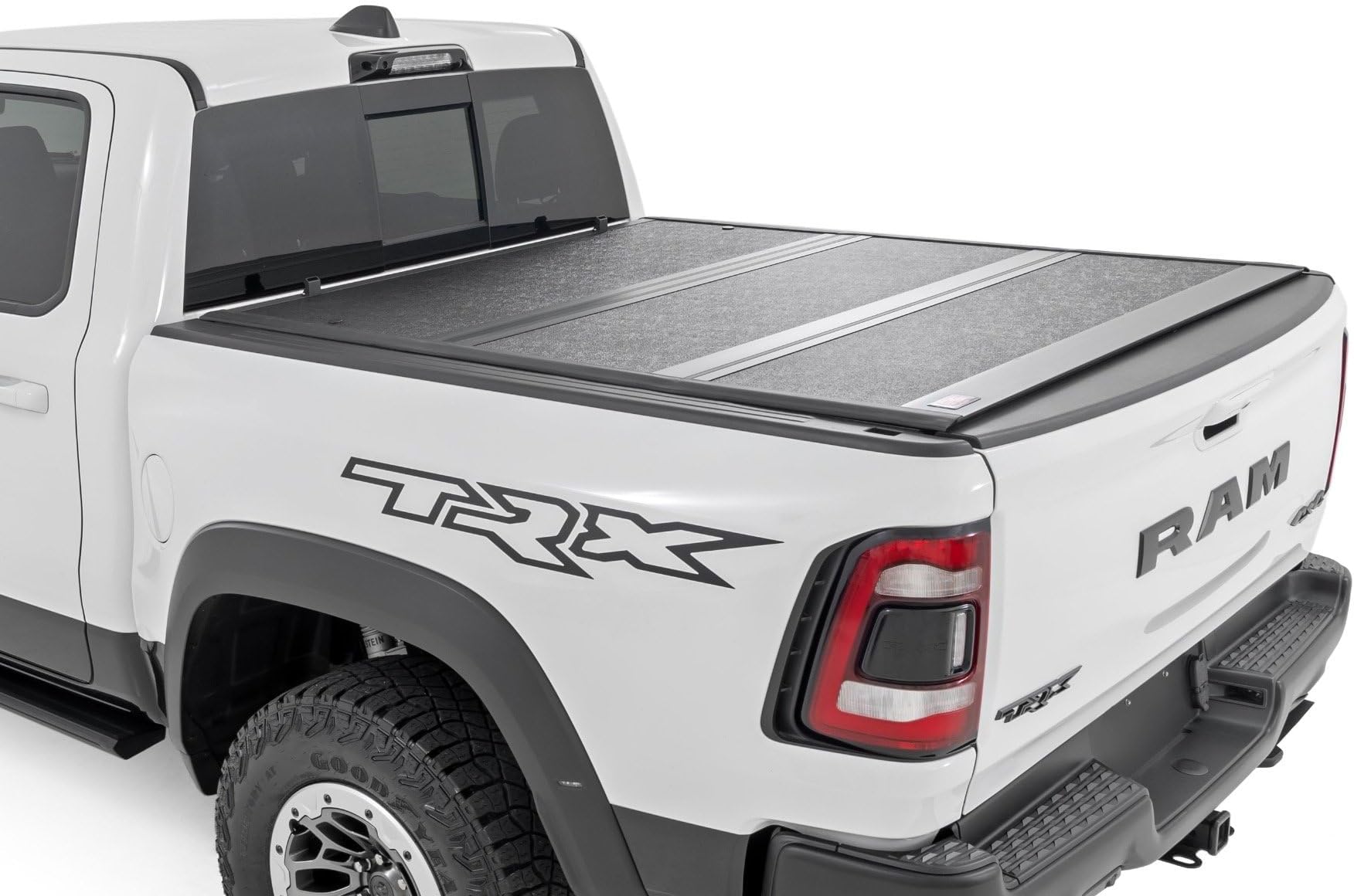 Rough Country Hard Low Profile Tri-Fold Tonneau Cover for Ram 1500 (2019-2026) & 1500 TRX (2021-2024) – Flush Mount Aluminum Bed Cover