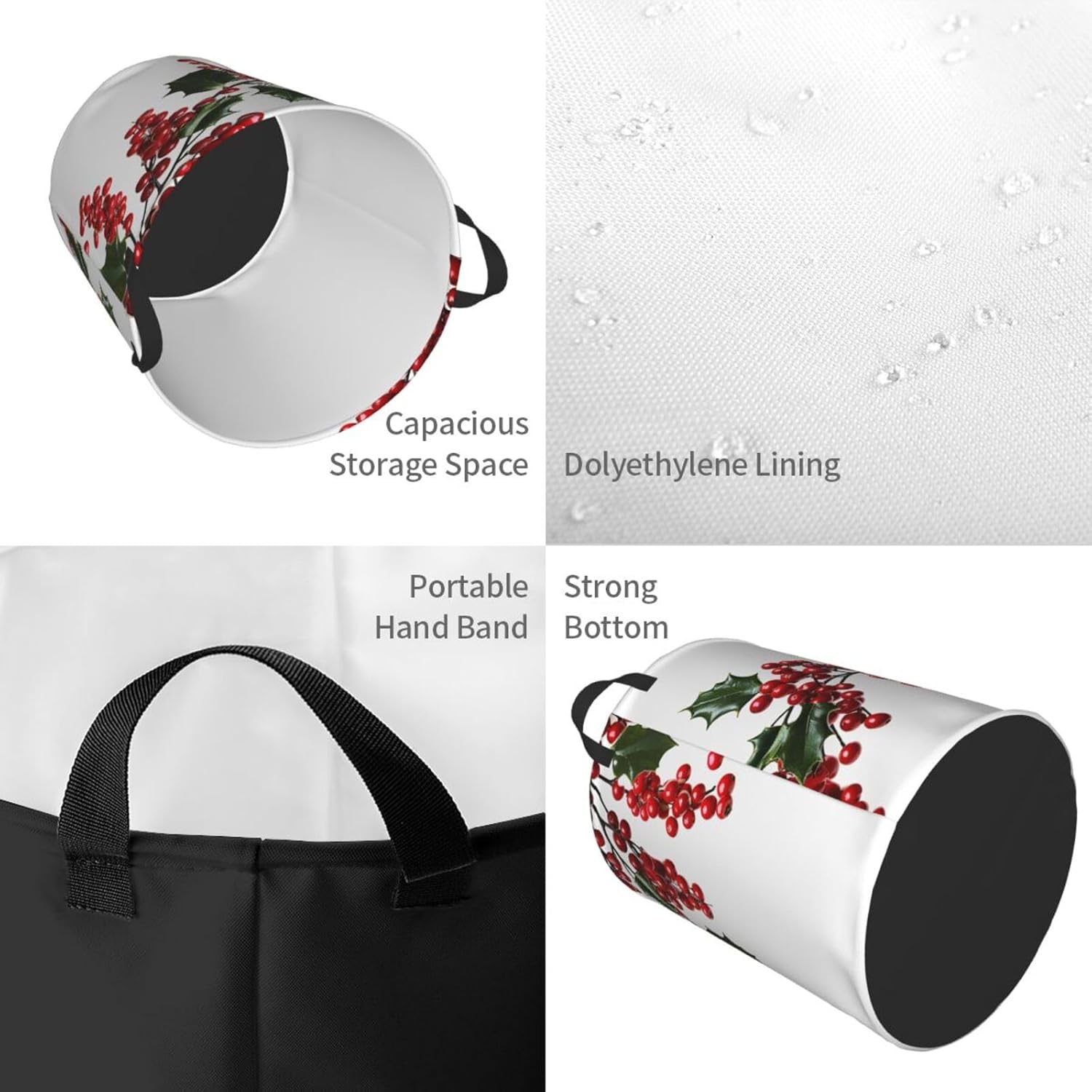 Holly Berry Branches Laundry Basket With Handles, Foldable Laundry Hamper Oxford Cloth Dirty Clothes Basket Waterproof Clothes Toys Storage Bin Organizer for Bedroom Bathroom Dorm