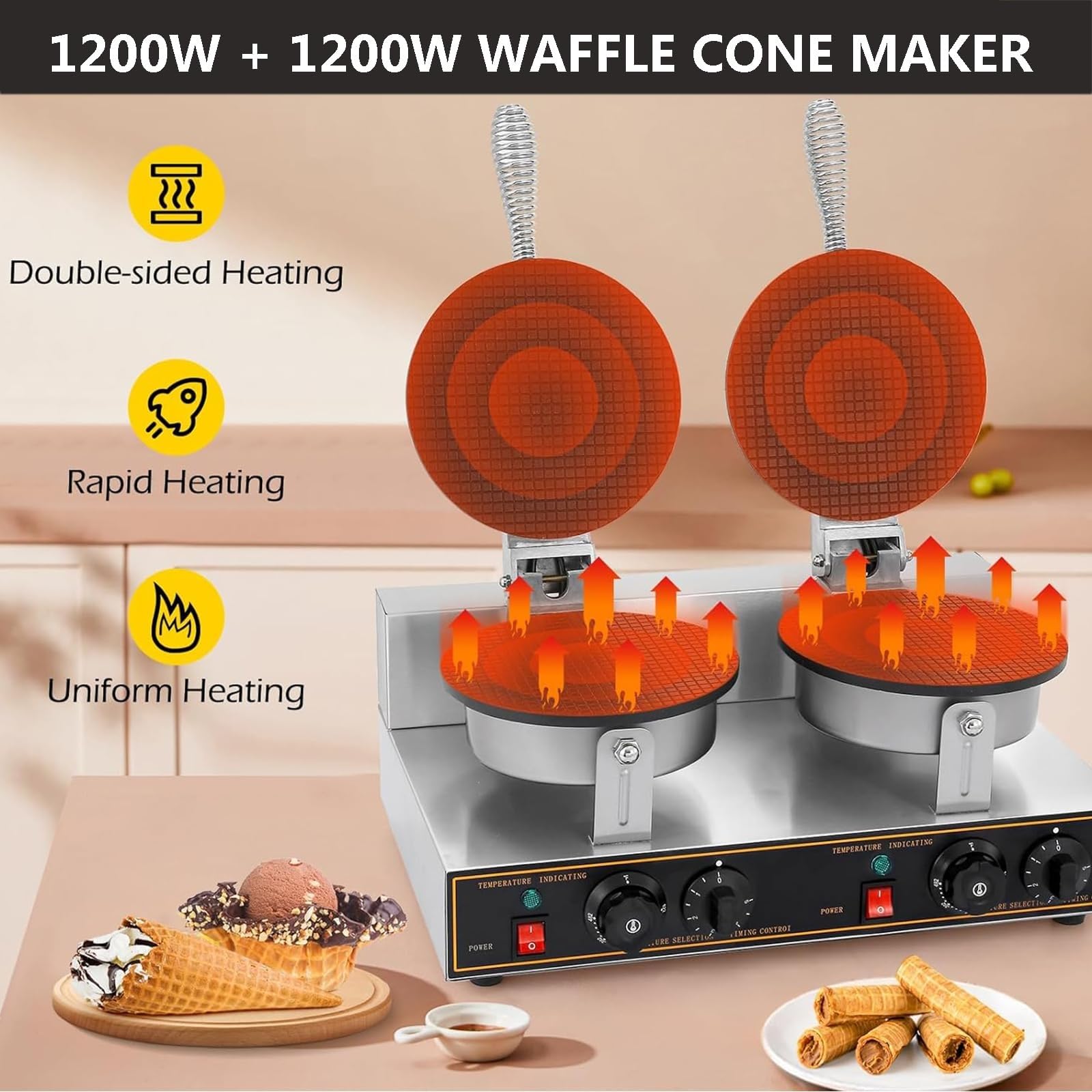 Commercial Double Head Ice Cream Cone Maker Machine - 1200W+1200W, Non-Stick, With Timer & Temp Control
