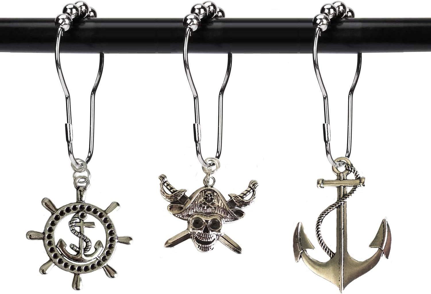 Nautical Shower Curtain Hooks Rings - Pirate Skull Anchor Rudder Decorative Bathroom Accessories Set, Silver Metal Shower Hooks for Shower Curtain, Tropical Ocean Beach Sea Theme Bathroom Decor
