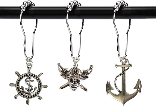 Nautical Shower Curtain Hooks Rings - Pirate Skull Anchor Rudder Decorative Bathroom Accessories Set, Silver Metal Shower Hooks for Shower Curtain, Tropical Ocean Beach Sea Theme Bathroom Decor