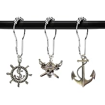 Nautical Shower Curtain Hooks Rings - Pirate Skull Anchor Rudder Decorative Bathroom Accessories Set, Silver Metal Shower Hooks for Shower Curtain, Tropical Ocean Beach Sea Theme Bathroom Decor