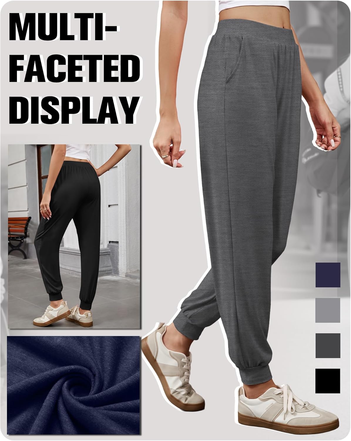 4 Pack Women's Lounge Joggers Pants, Yoga Sweatpants with Pockets Casual Baggy Workout Trousers for Athletic Gym(Dark Blue, Light Heather Gray, Heather Gray, Black,XX-Large) - Image 4