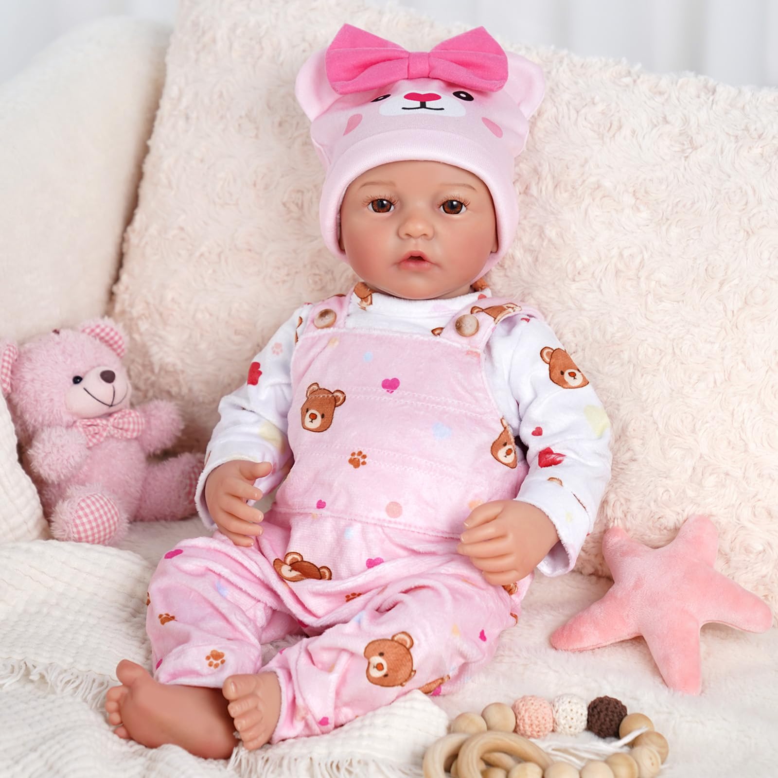 BABESIDE Bambole Reborn Bambina - 17 pollici Carina Reborn Femmina con Corpo in Stoffa, Bambola Neonata Realistica con Outfit Affascinante e Accessori Completi, Regalo per Bambini di Età 3+