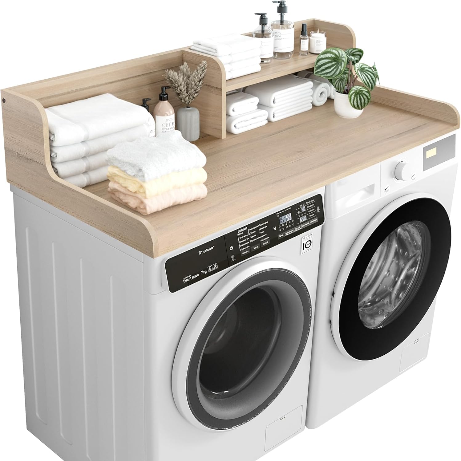 Kaboon Washer Dryer Countertop 2 Tier 58 inches Wide, Laundry Shelf Topper with Edge, 58" W x 28" D x 12" H Laundry Space Organizer, Light Walnut