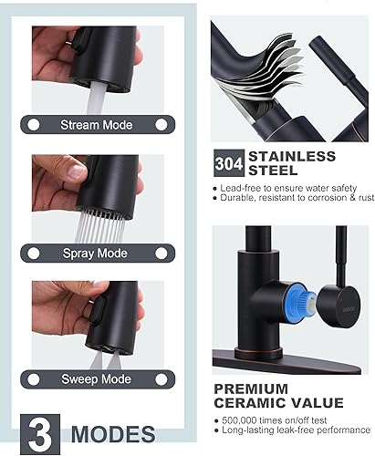 Vista 91 de WOWOW - Grifo de cocina cromado con rociador, grifo de fregadero de cocina extraíble de acero inoxidable con placa de cubierta, grifo de cocina