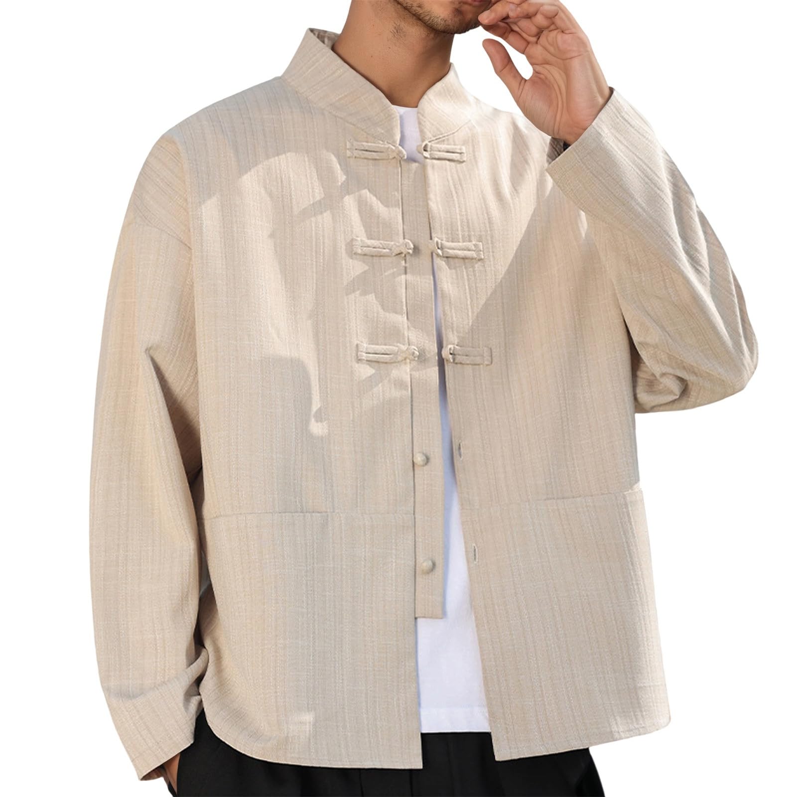 Costume tang pour homme - Blazer en lin pour le printemps et l'été - Veste de costume simple - Bouton cranté - Veste avec poche - Style rétro traditionnel - Mélange coton et lin - Col montant