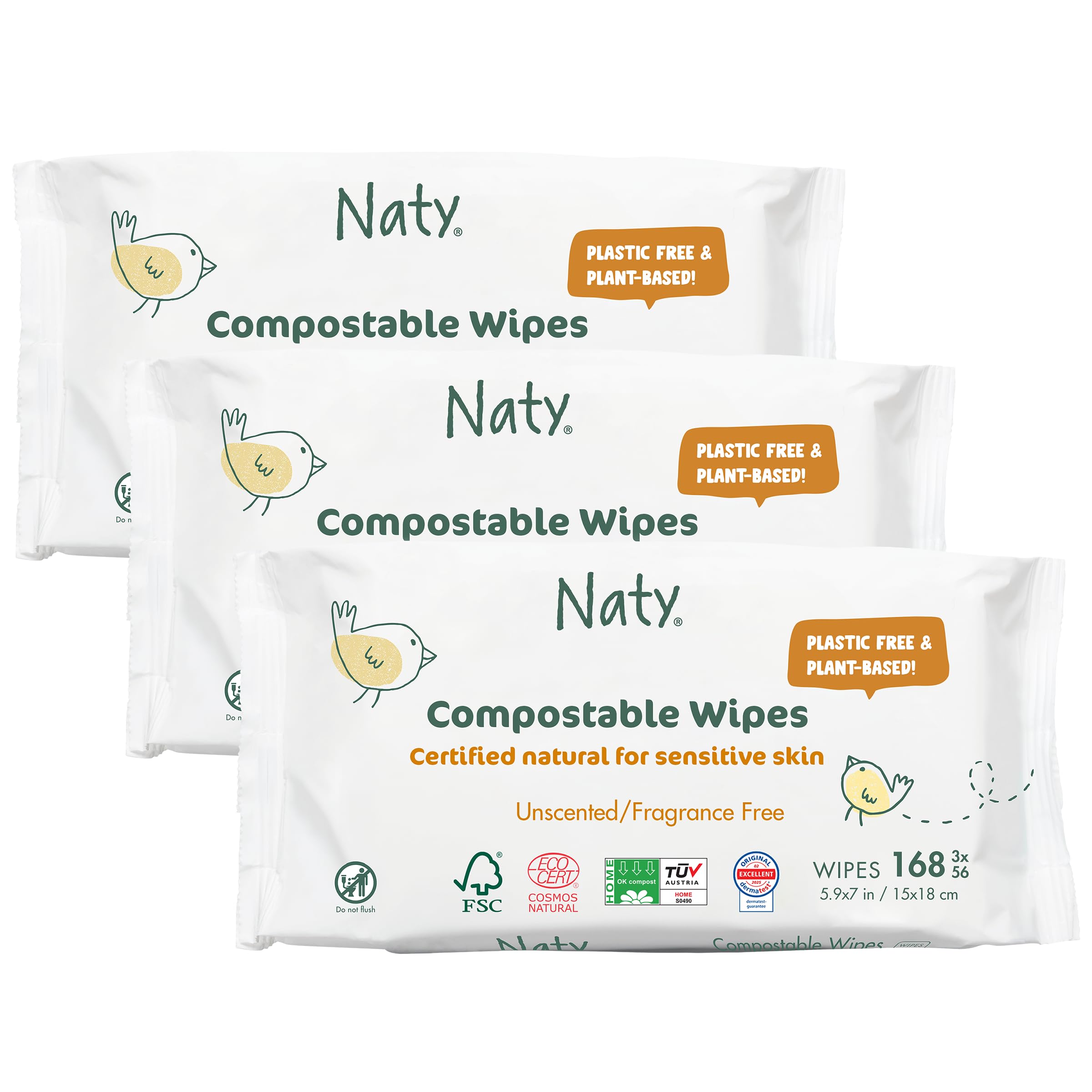 Naty Baby Wet Wipes | Natural & Fragrance-Free, 98% Purified Water for Sensitive Skin | Gentle cleans for Newborns | Plant-Based, Plastic-Free & Certified Compostable Baby Wipes | 168 Count (3 Packs)The Forest Stewardship Council