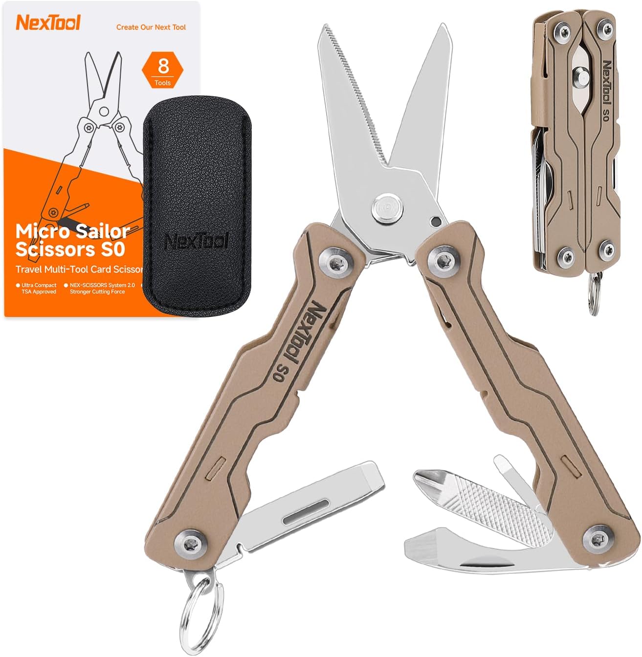 NexTool Micro Sailor Scissors S0, Mini Keychain Multitool with Serrated Scissors, 8-in-1 Lightweight EDC Tool for Travel, Outdoor, Everyday Carry, Cool Gadget for Men(khaki)