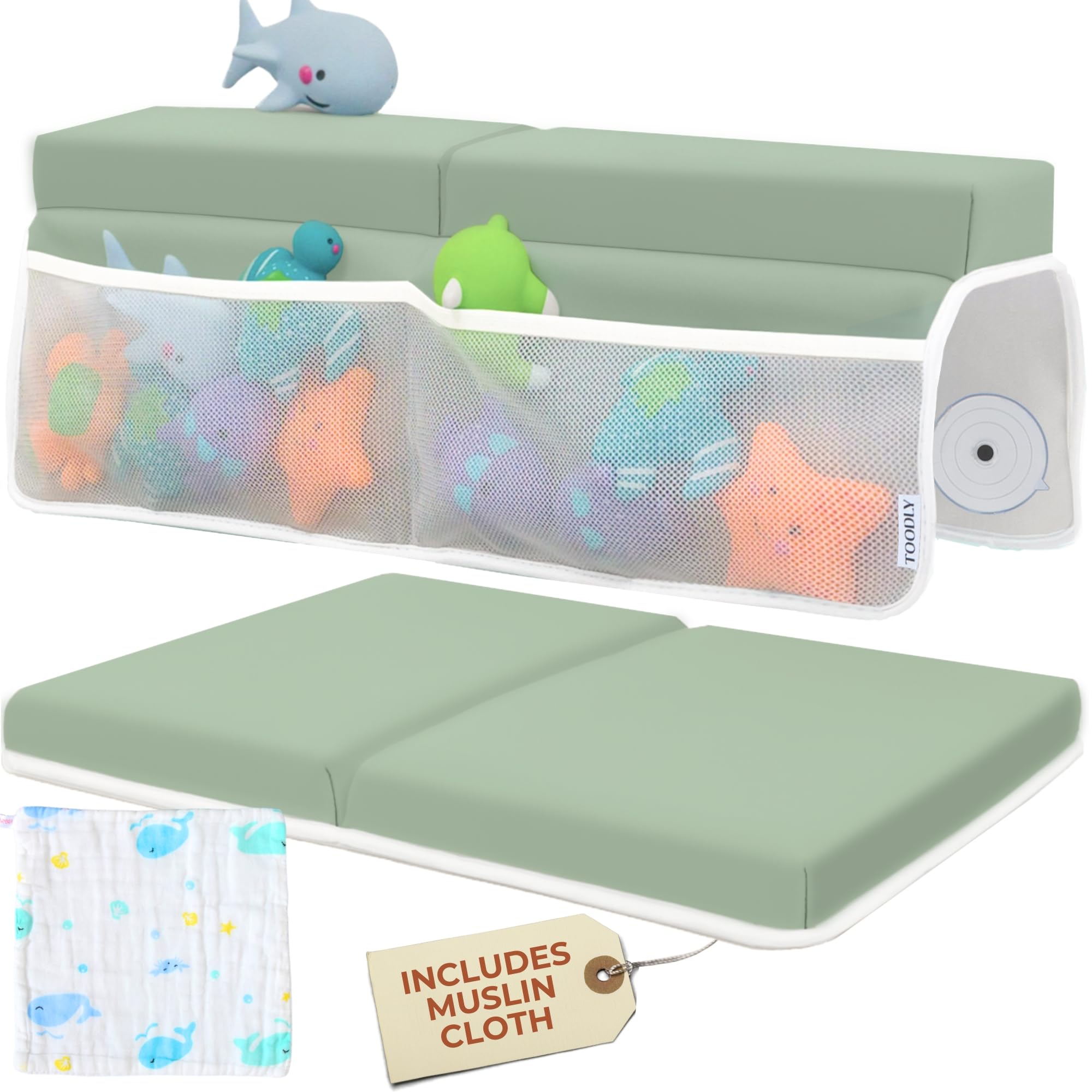 Comfortable Baby Bath Kneeler and Elbow Rest Pad Set with Whale Burp Cloth - Thick, Non-Slip, Memory Foam Kneeling Pad for Bathing Baby with Toy Storage Pockets - Easy Clean and Durable - Green