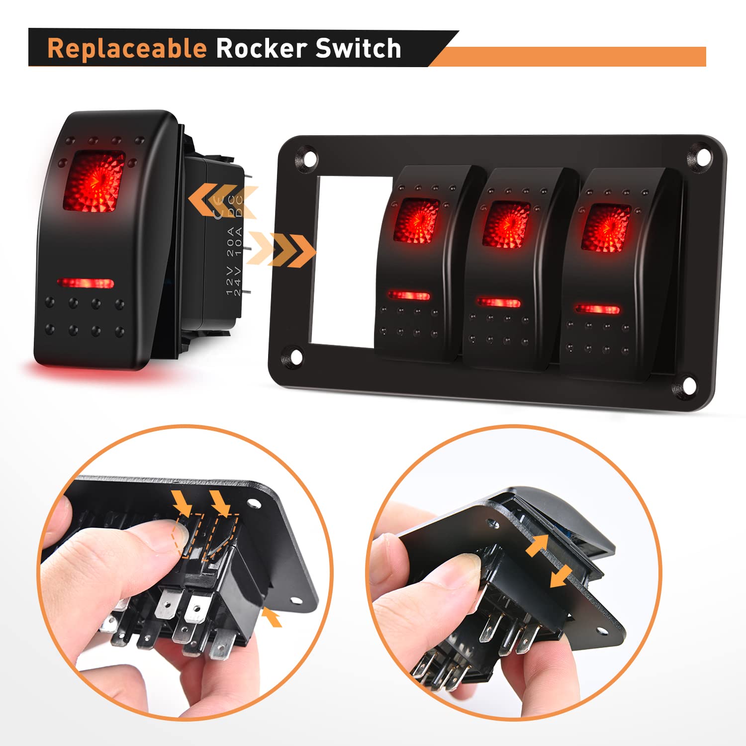 GOOACC 4 Gang Rocker Switch Panel 5Pin On Off Toggle Aluminum Holder 12V 24V Dash Pre-Wired Red Backlit Switches for Automotive Cars Marine Boats RVs Truck, 2 Years Warranty