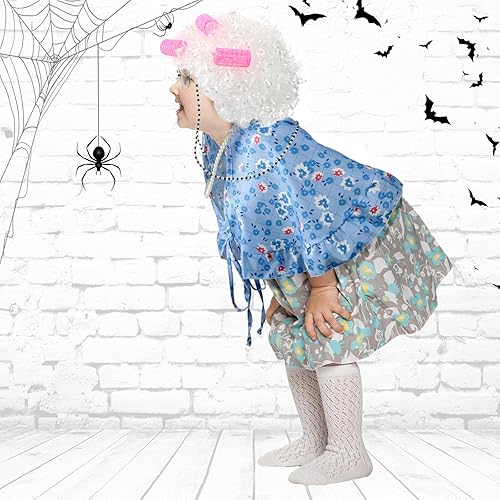 Miniatura 6 de Berlune 7 piezas de disfraz de anciana para el día de escuela, disfraz de vieja abuela para niños y mujeres, chal impreso, peluca de abuelita