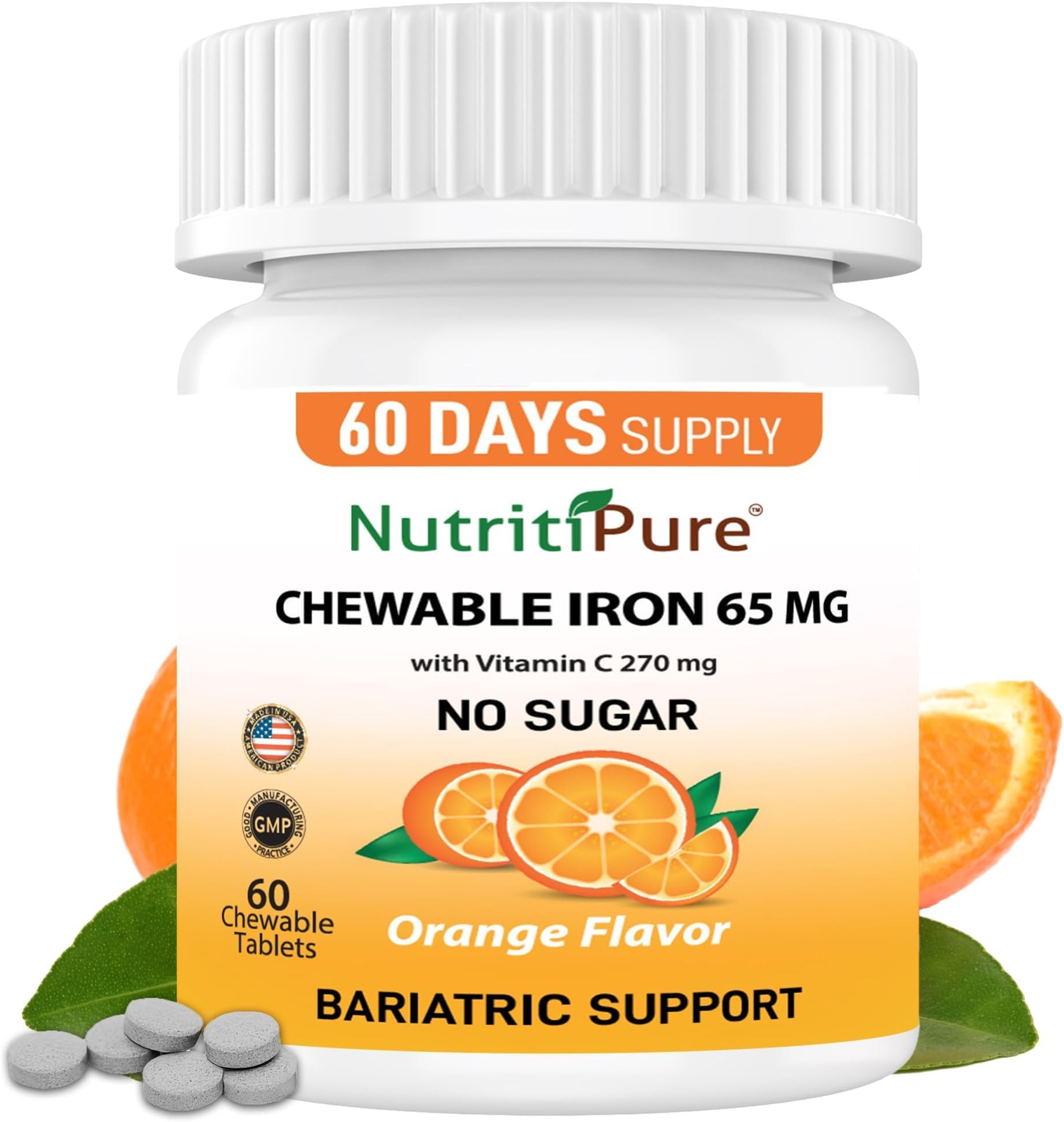Chewable Iron 65 mg with Vitamin C 270 mg - Tablet in Orange Flavor 60 Count
