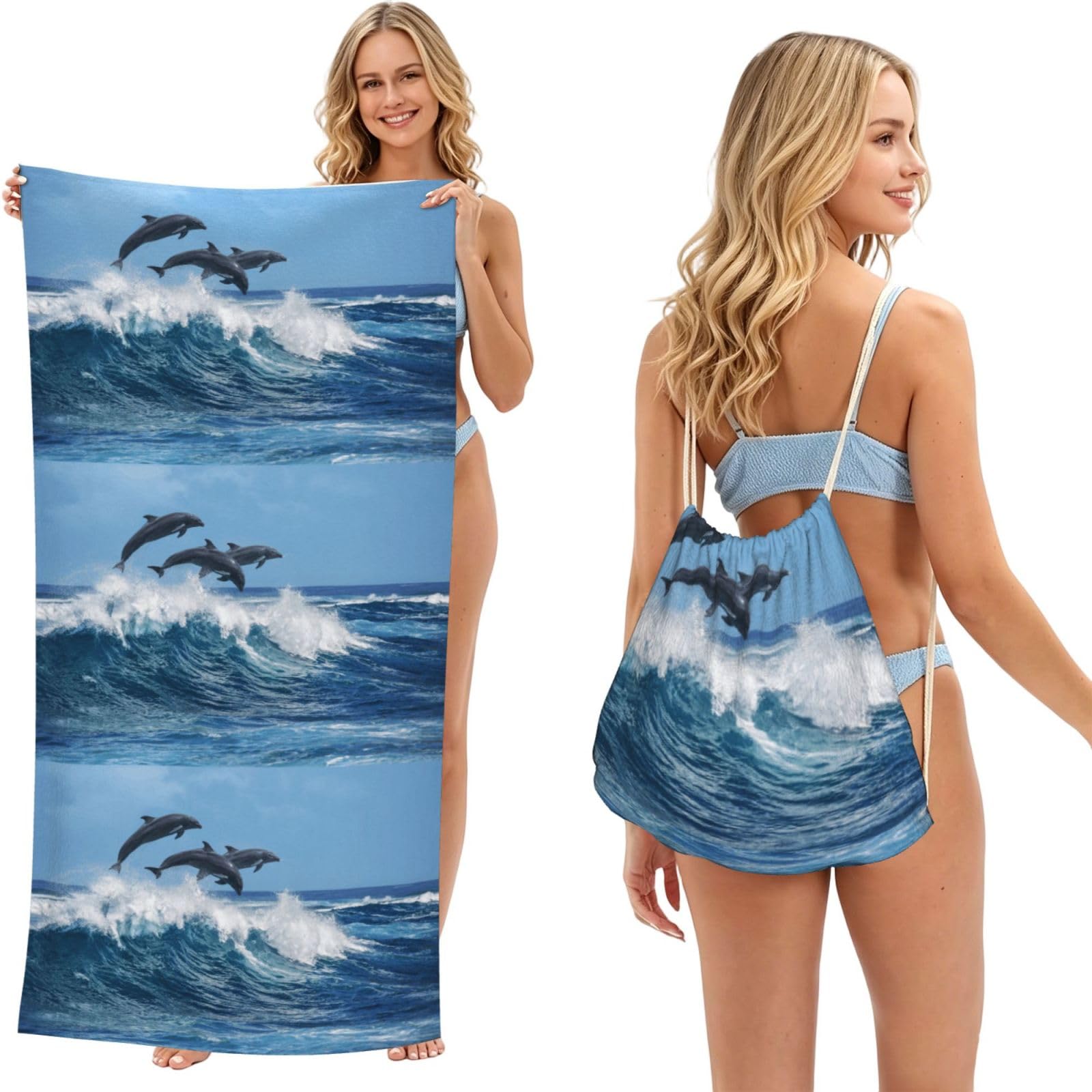 Poadnly As Picture Ocean Wave Dolphins, 2 In 1 Packable Towel Bag, Beach Towels With Drawstring Backpack For Travel Holiday Camping