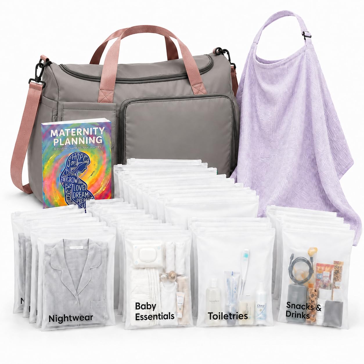 Cherry-on-Top Borsa per gravidanza per ospedale, set completo per il travaglio e il parto, con 21 tasche organizer, 22 pagine per pianificare la preparazione e scialle per allattamento, cesto per