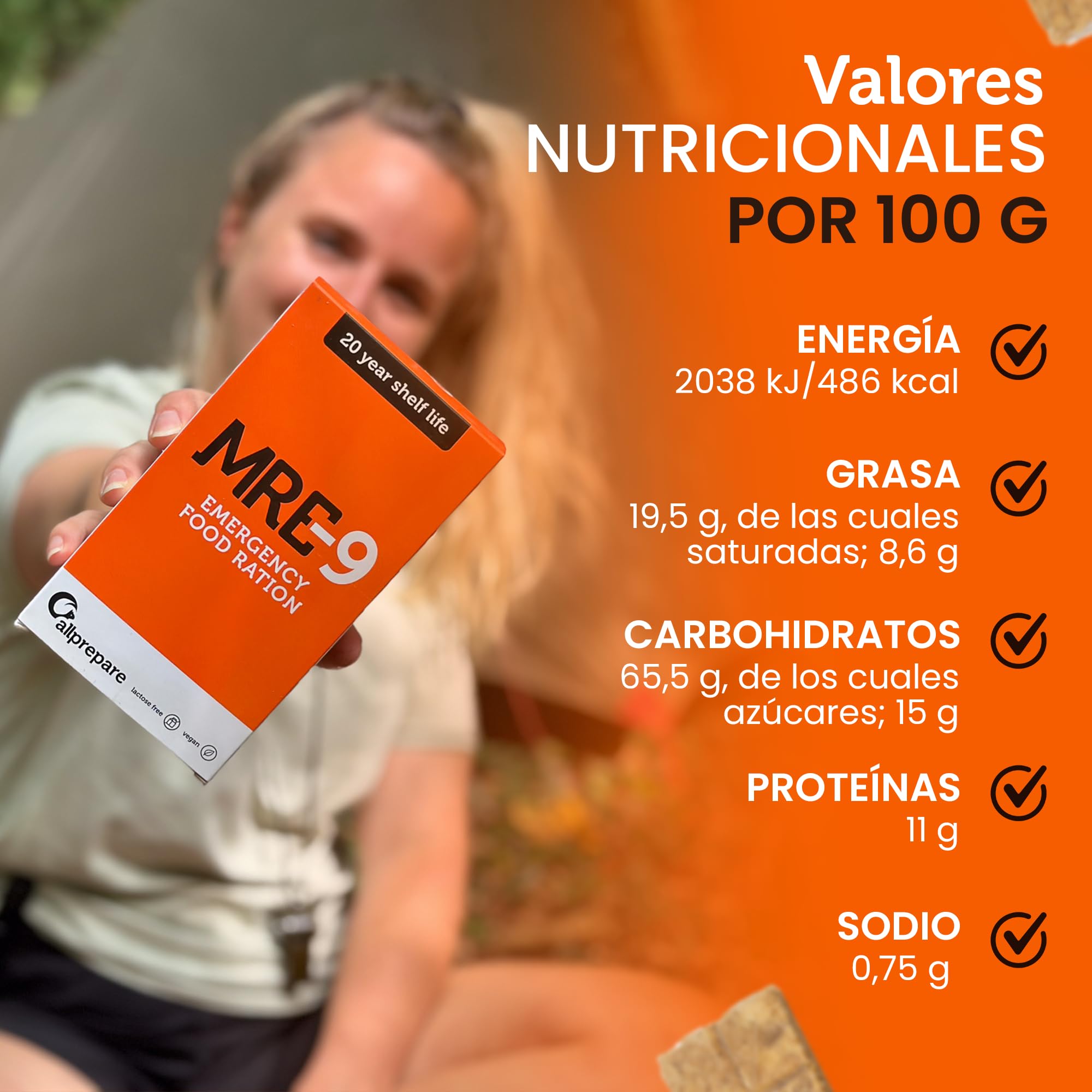 MRE-9 | Ración de emergencia | 20 años de vida útil | Vitaminas Extra | 24 x 500 g | Alimentos para Emergencias | Vida útil extremadamente larga