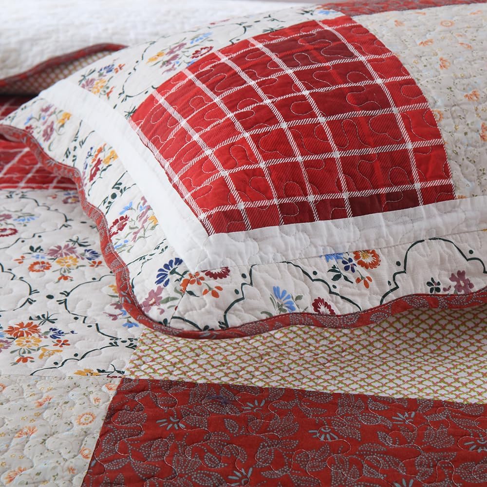 Cotton Bedspread Quilt Bedding Sets 3 Pieces Reversible Coverlet Sets Comforters Vintage Red White Rose Floral Patchwork Bedspread, Queen Size - Image 7