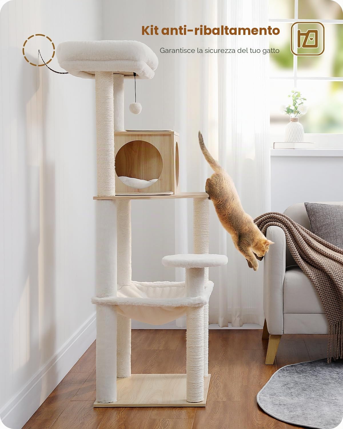 PETEPELA Albero tiragraffi per gatti in legno 143 cm, moderno tiragraffi per gatti con amaca più grande, letto superiore, colonna completa di corda sisal, beige