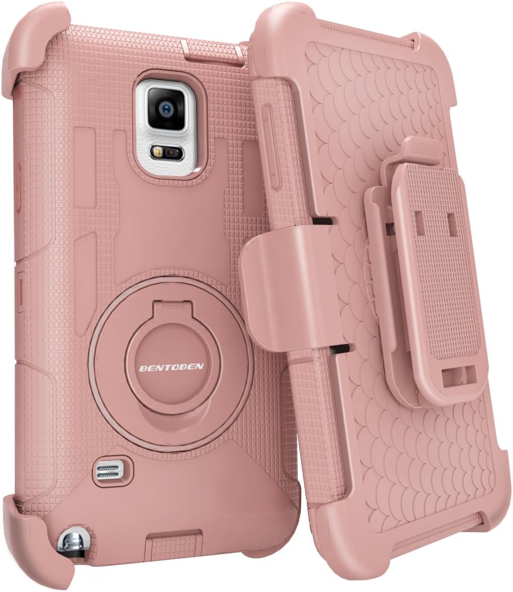 Note 4 Case, Galaxy Note 4 Case, BENTOBEN Shockproof Heavy Duty Protection Hybrid Rugged Samsung Galaxy Note 4 Case Rubber Built-in Rotating Kickstand Belt Swivel Clip Holster Note 4 Case, Rose Gold