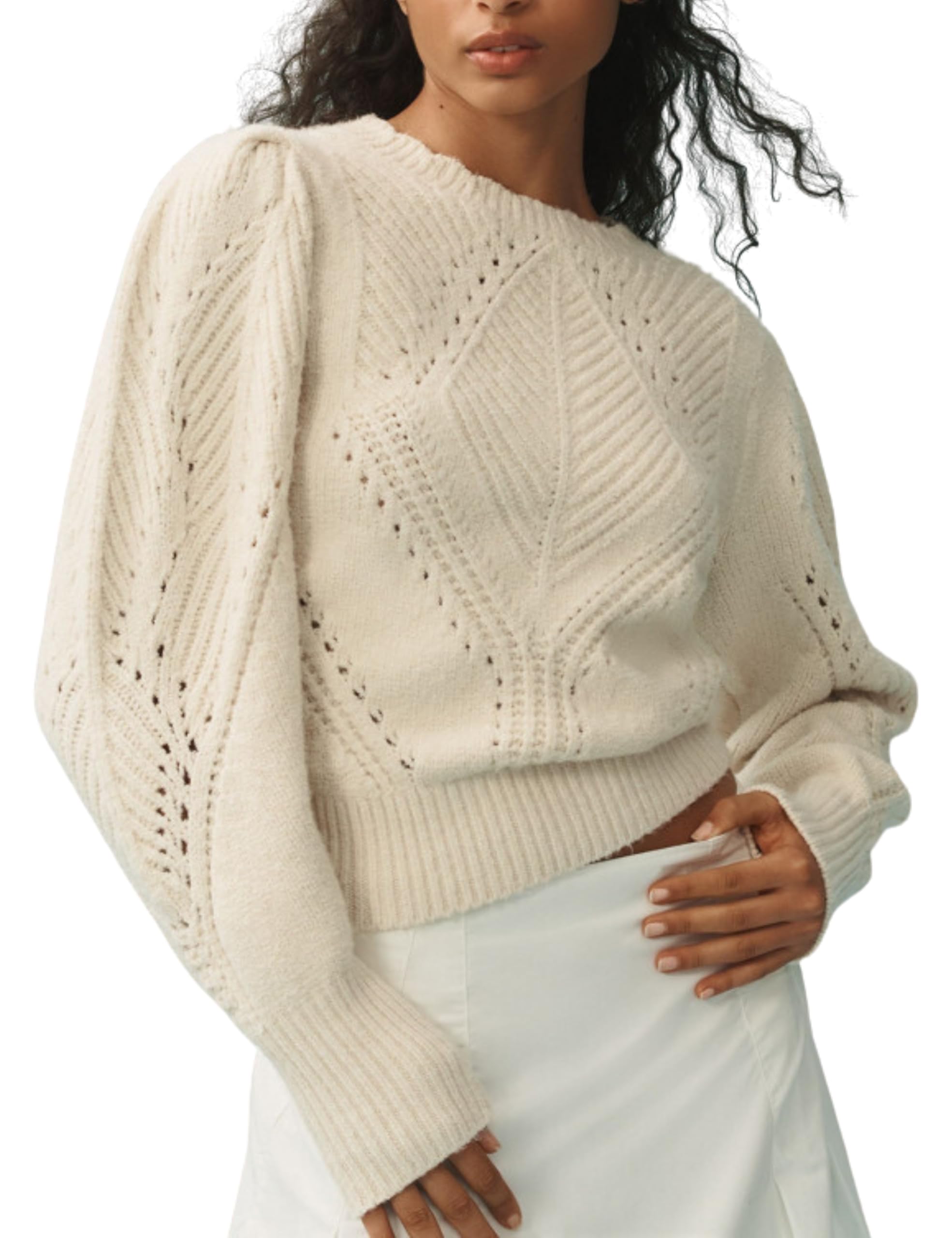 AMEBELLE Sweater for Women Puff Sleeve Tops Eyelet Crewneck Long Sleeve Knit Pullover Fall Winter Outfits