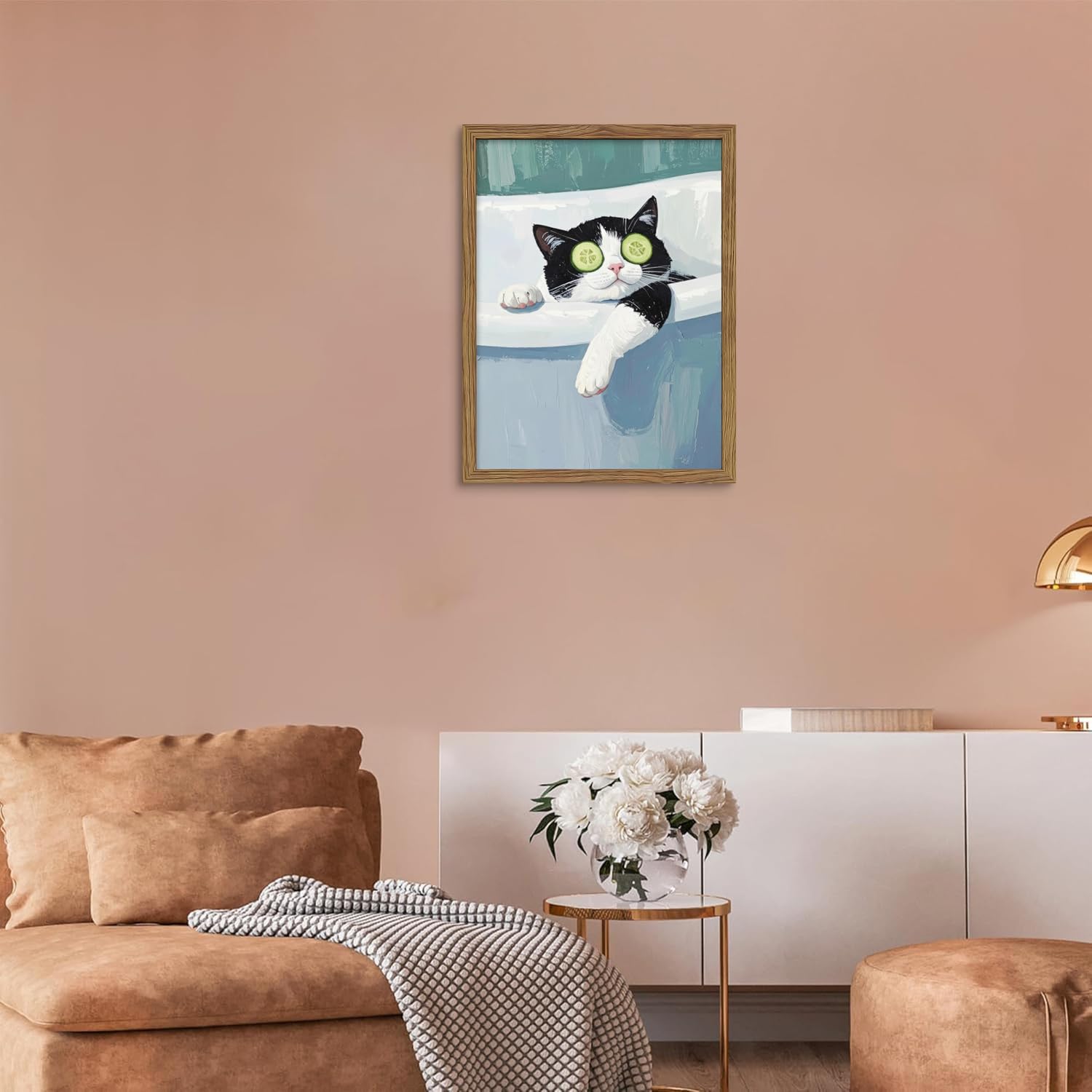 Framed Tuxedo Cat Canvas Wall Art, Bathroom Pictures Wall Decor, Funny Cat in Bath Poster Print, Modern Dark Humor Animal Painting Artwork for Bathroom Apartment Home Aesthetics – 12x16 inch