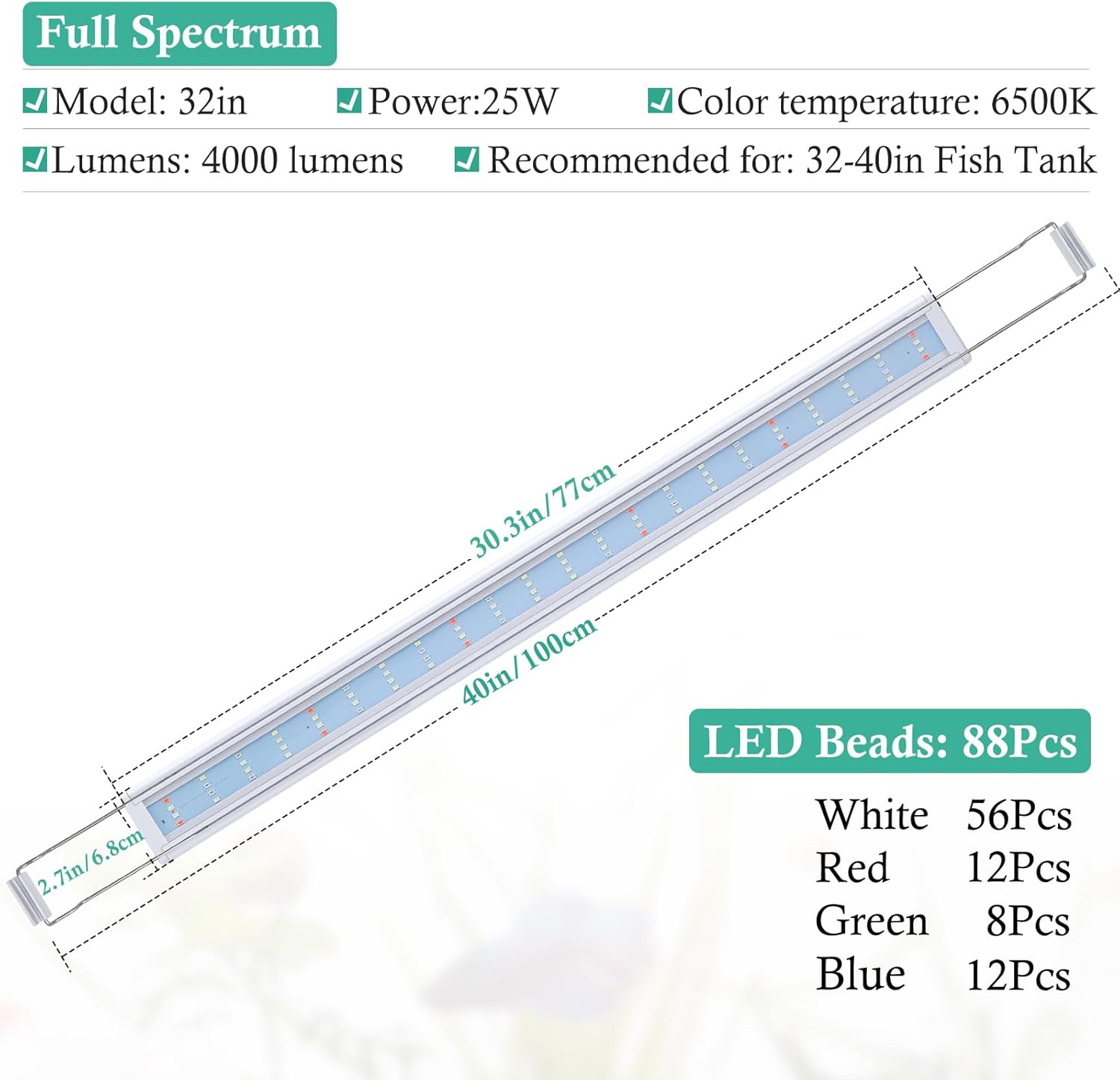 HITOP Full Spectrum LED Aquarium Light – 32-40" Classic Fish Tank Light with Timer, Aquarium Plant Light with Stable Extendable Brackets