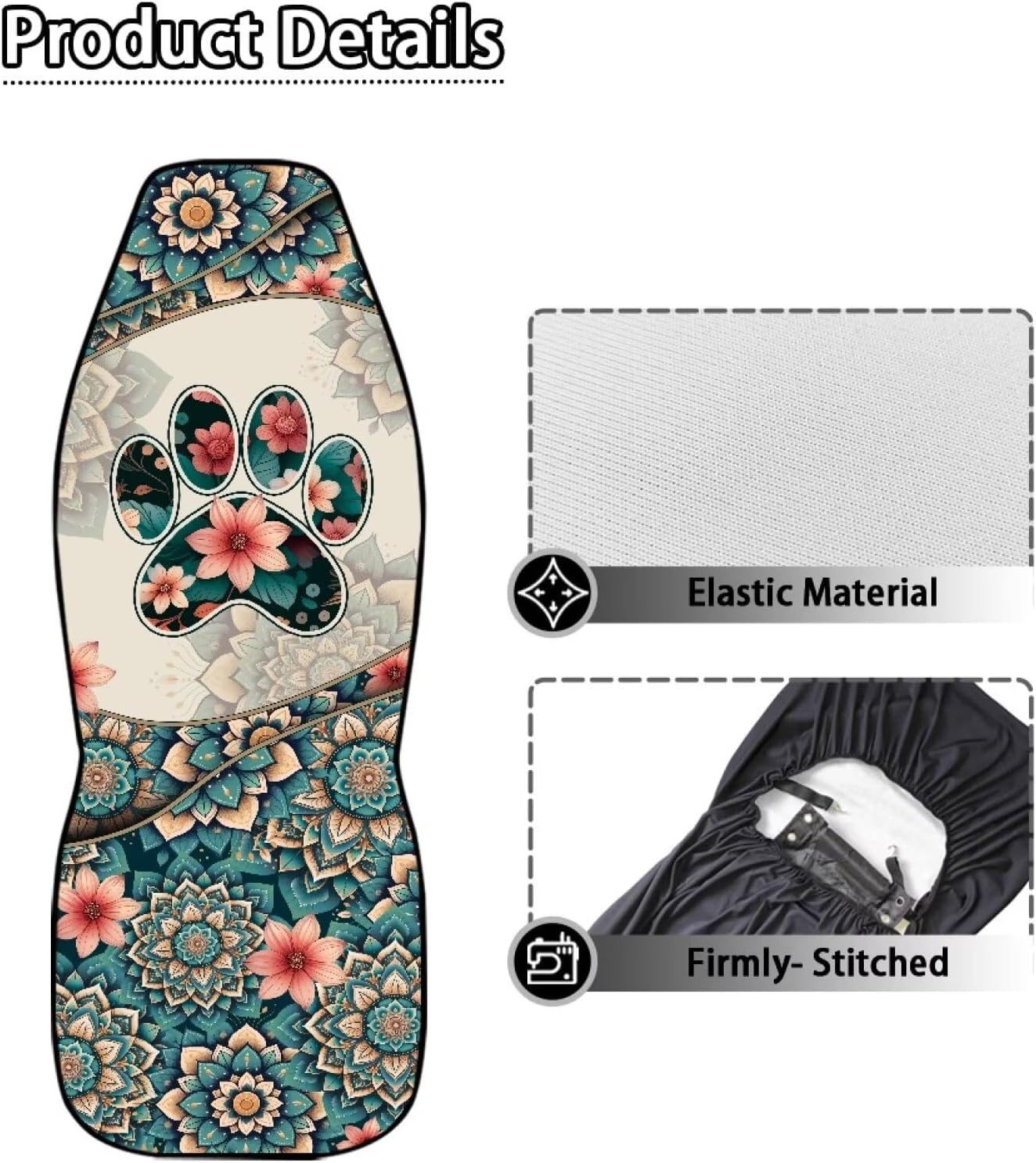 Cute Dog Paw Car Seat Covers for Women, Boho Flowers Auto Front Seats Cushion Fits for Car, SUV, Sedan, Truck