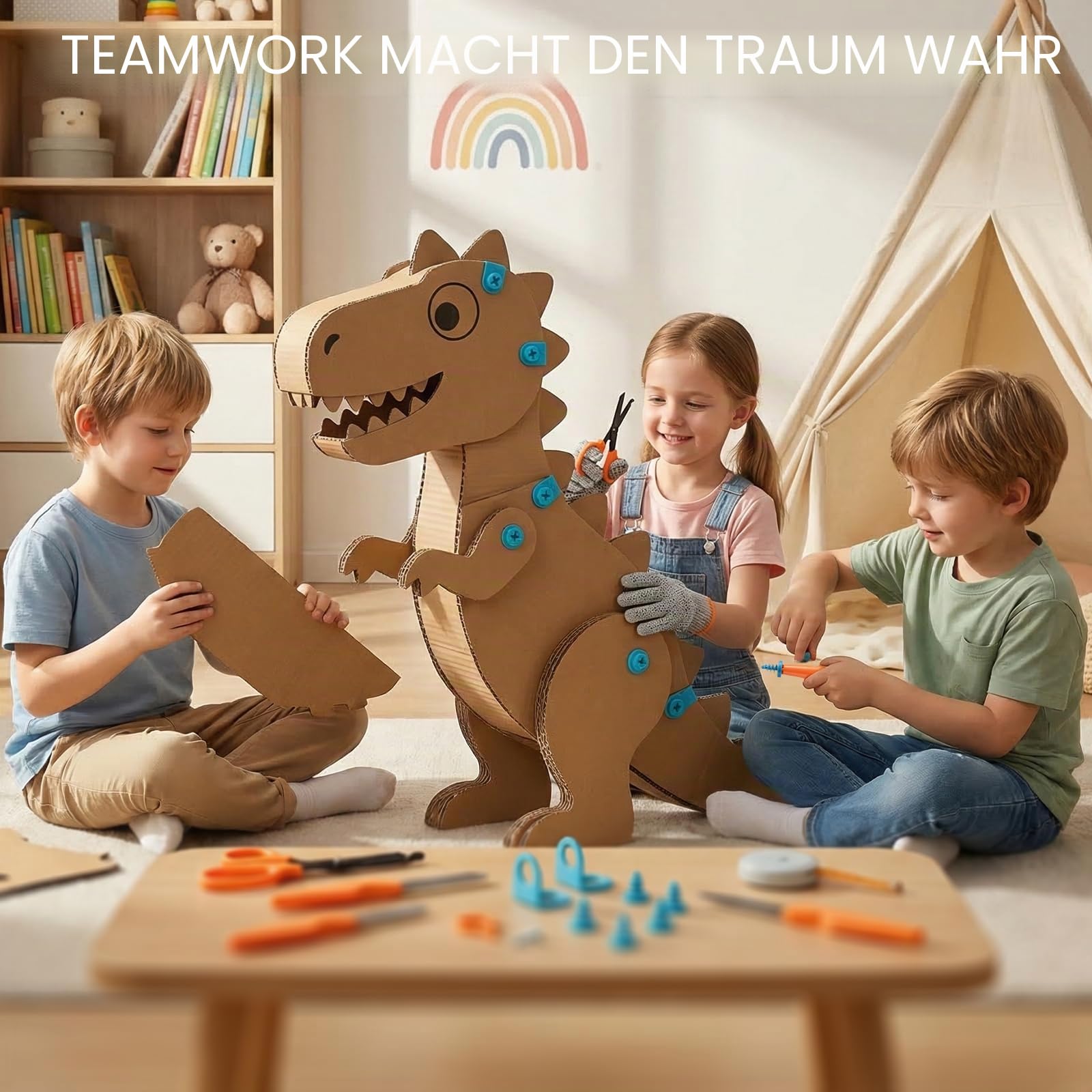 SainSmart Jr. Karton Werkzeug Bastelset 228-tlg, Profi-Set Team, ab 5 J. | Für mehrere Kinder gleichzeitig, inkl. sicherem Cutter & Werkzeugbox, fördert Teamwork & Kreativität, ab 5 Jahren