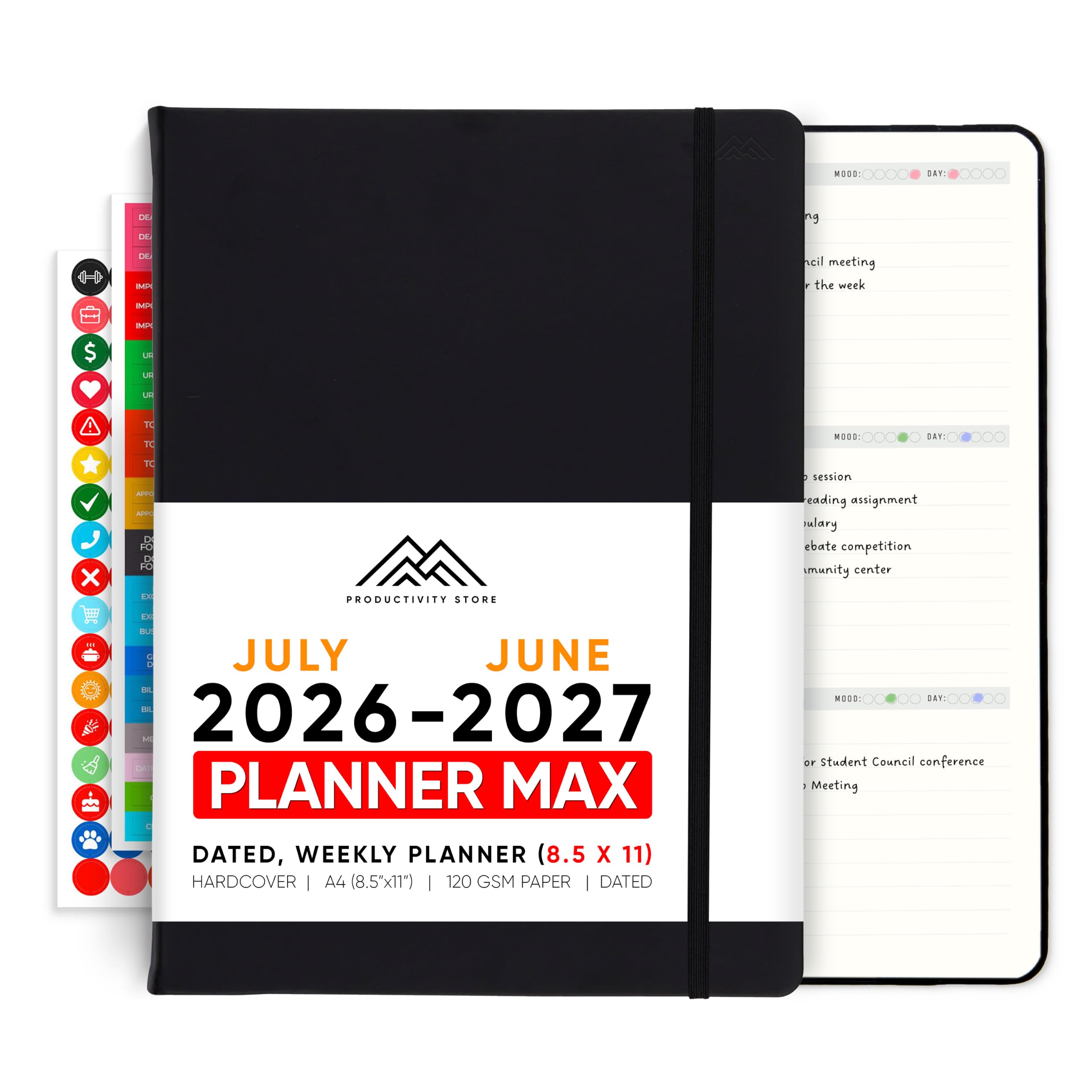 Lipiec 2024-2025 Planer, 8,5 x 11 Pro Max, terminarz produktywności i biznesowy, planer dzienny, planer tygodniowy i miesięczny, czarny, A4, Productivity Store