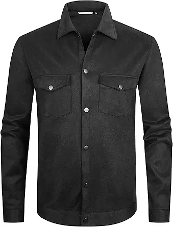 Alex Vando Mens Suede Shirt Jackets Long Sleeve Two Pockets Snap Casual Button Down Shirts