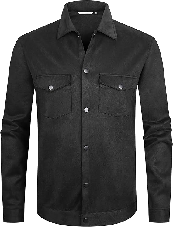 Alex Vando Mens Suede Shirt Jackets Long Sleeve Two Pockets Snap Casual Button Down Shirts