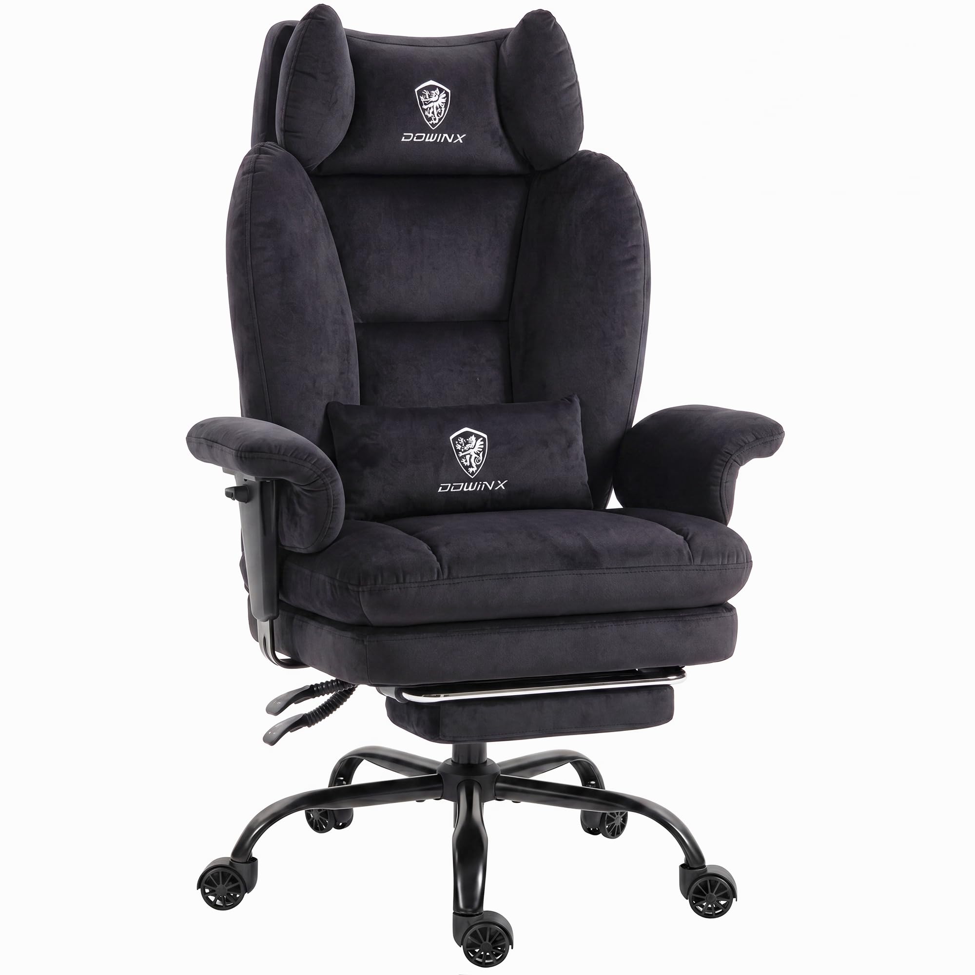 Dowinx Ergonomischer Bürostuhl aus Wildleder-Optik mit Federkern-Sitzpolster, höhenverstellbaren gepolsterten Arm- und Kopfstützen, Liegefunktion und ausklappbarer Fußstütze,Schwarz