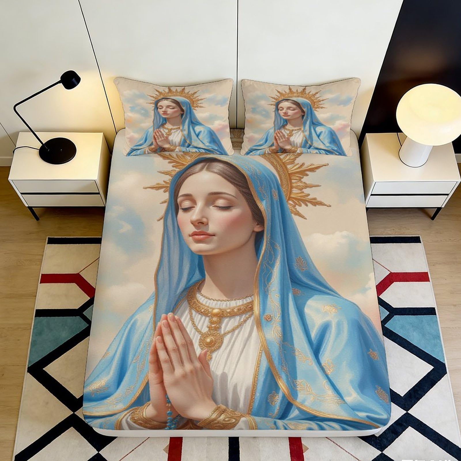 Pnayamiorkfel Style-10 3D Printed Virgin Mary Fitted Sheet Microfiber Soft Blue Gold Praying Madonna Bed Cover For Bedroom Dorm Guest Room 90X200x25cm