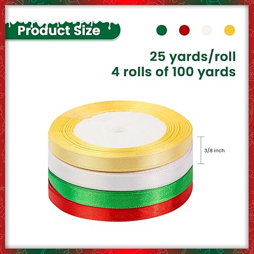 Miniatura 2 de 4 rollos de cintas de Navidad de 100 yardas, cinta de satén de poliéster de 38 pulgadas de ancho para envoltura de regalos, Navidad, decoración de