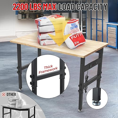 Miniatura 3 de Banco de trabajo ajustable de 48 pulgadas, banco de trabajo de garaje con tomas de corriente, capacidad de 2200 libras, mesa de trabajo superior de
