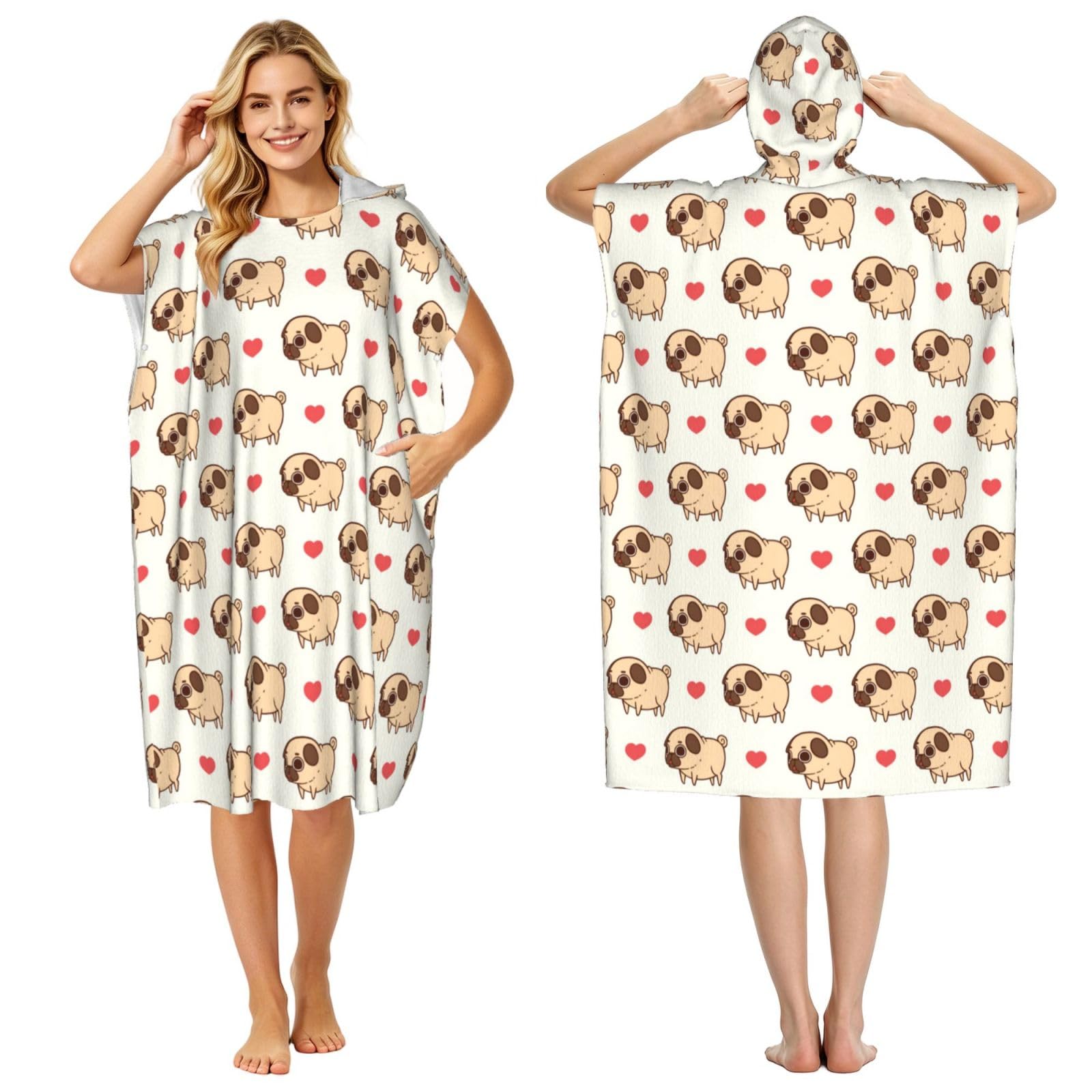 Puglie Pug, Adult Hooded Beach Towel 90 x 110 cm,Changing Bath Robe, Surf Poncho Towel For Women Men