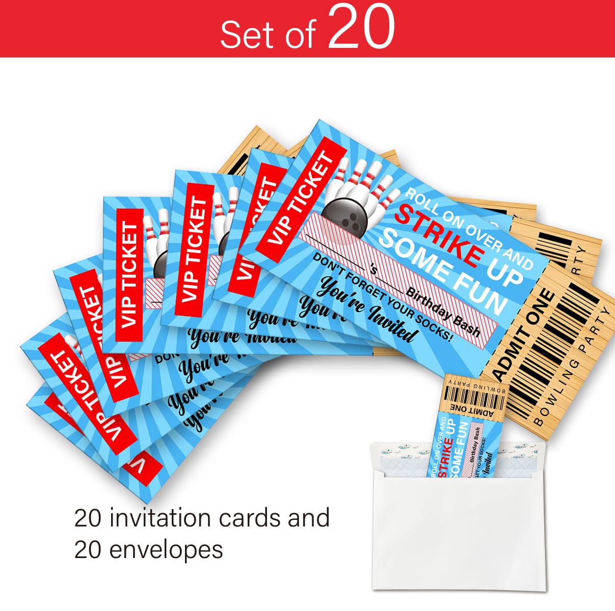 LyoGao 20 Bowling-Einladungen Mit Umschlägen – Ticket-Design, 15,2x6,6 Cm – Für Geburtstagspartys & Feiern
