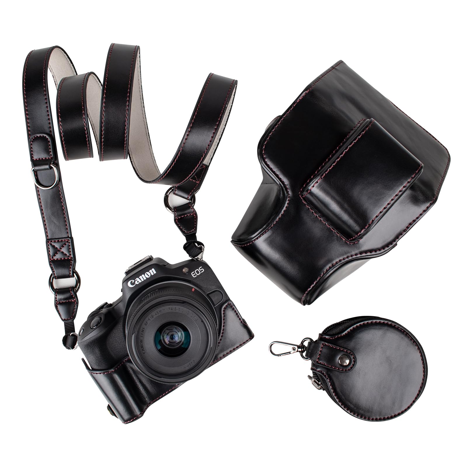 MUZIRI KINOKOO Housse pour Canon EOS R50/R100 et Objectif 18-45 mm, Cuir PU Étui de Protection Accessoires pour Appareil Photo EOS R100/R50 - avec bandoulière et Poche de Rangement Inclus – Noir