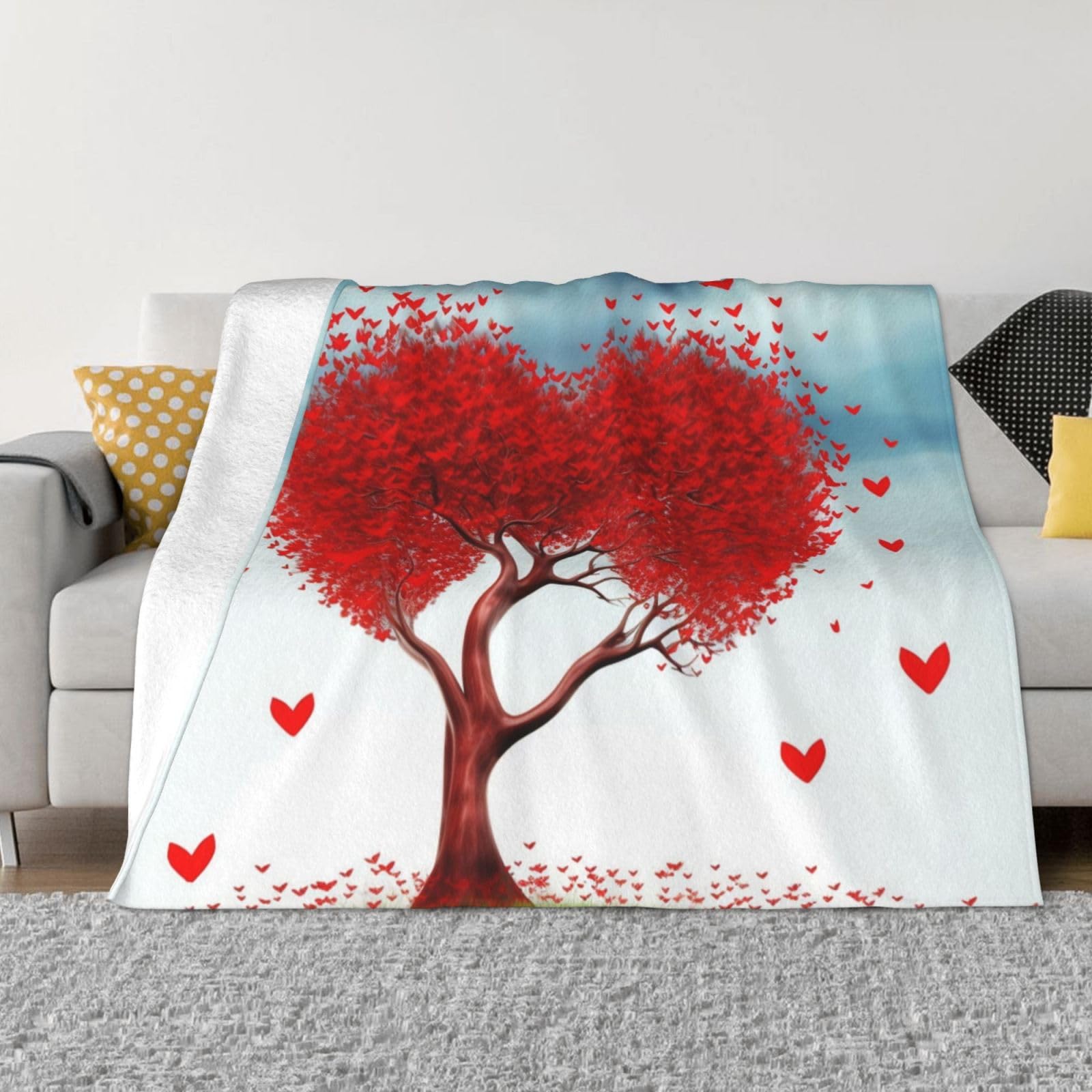 Couverture en flanelle douce et légère rouge avec motif arbre pour lit