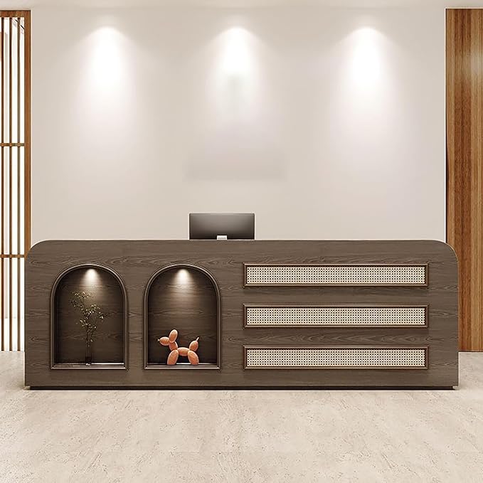 Modern Reception Desk with Storage Cabinet, Lockable Drawer, Double Tabletop – E1 Grade MDF Front Desk for Office, Salon, Retail & Reception Areas(Brown,L71 xW24 xH39)