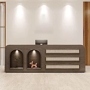 Modern Reception Desk with Storage Cabinet, Lockable Drawer, Double Tabletop – E1 Grade MDF Front Desk for Office, Salon, Retail & Reception Areas(Brown,L71 xW24 xH39)