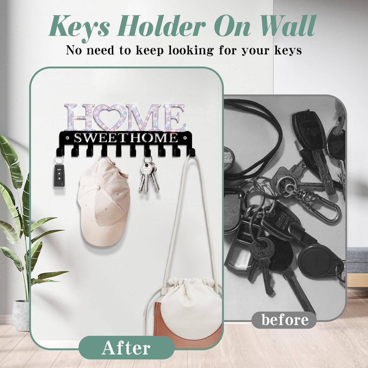 Design Home Wall Mounted Bling Key Hangers Holder Hooks Organizer Rack 10 inches 10 Hooks，Bling Sweet Home Vintage Metal Decor for Entryway Front Door Kitchen Hallway Garage Office image 3