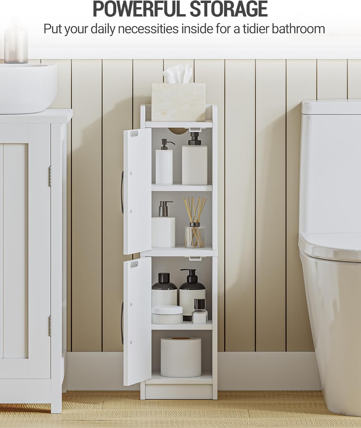 Hzuaneri Bathroom Storage Cabinet, Small Corner Floor Cabinet with Door and Shelves, Narrow Bathroom Organizer and Paper Storage with Adjustable Shelves, for Small Spaces, White BC27013X