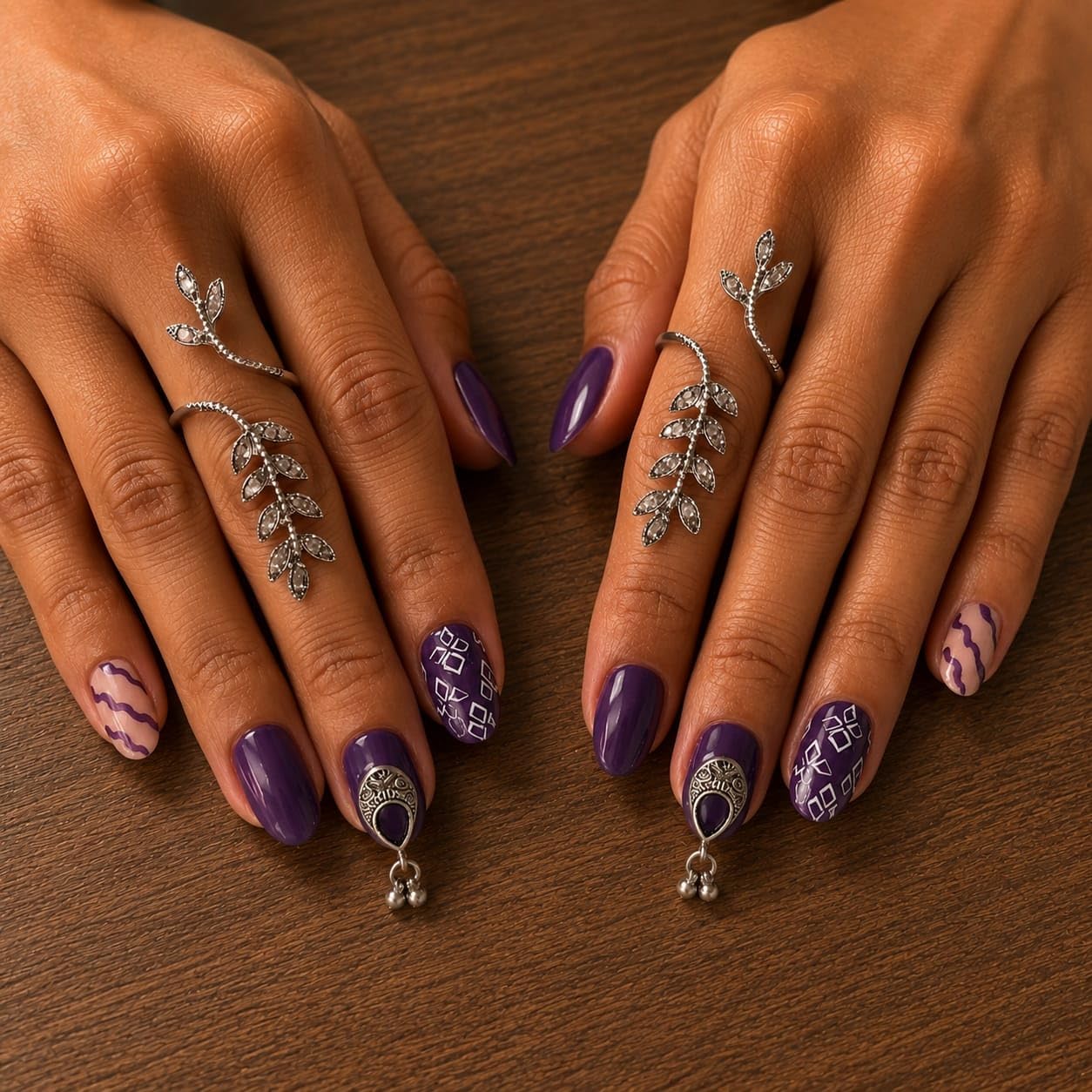 Purple Press On Nails with Silver Charm – Handmade Reusable Fake Nails, Glossy Navratri Nail Art, Medium Almond-image-12