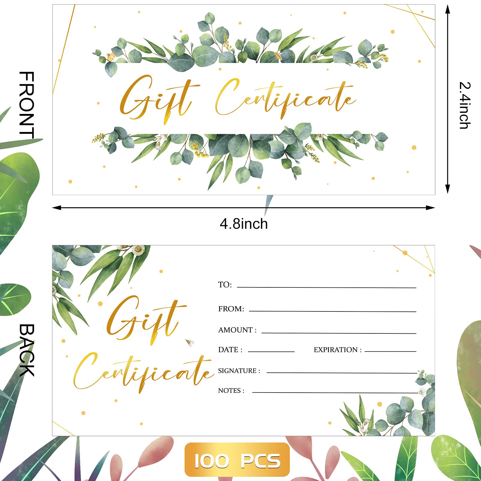 Chuangdi 100 Pcs Gift Certificate for Business Eucalyptus Blank Gift Certificate Cards Gold Foil Present Postcard Double-sided Customer Client Voucher Card for Wedding Birthday Beauty Salon Spa