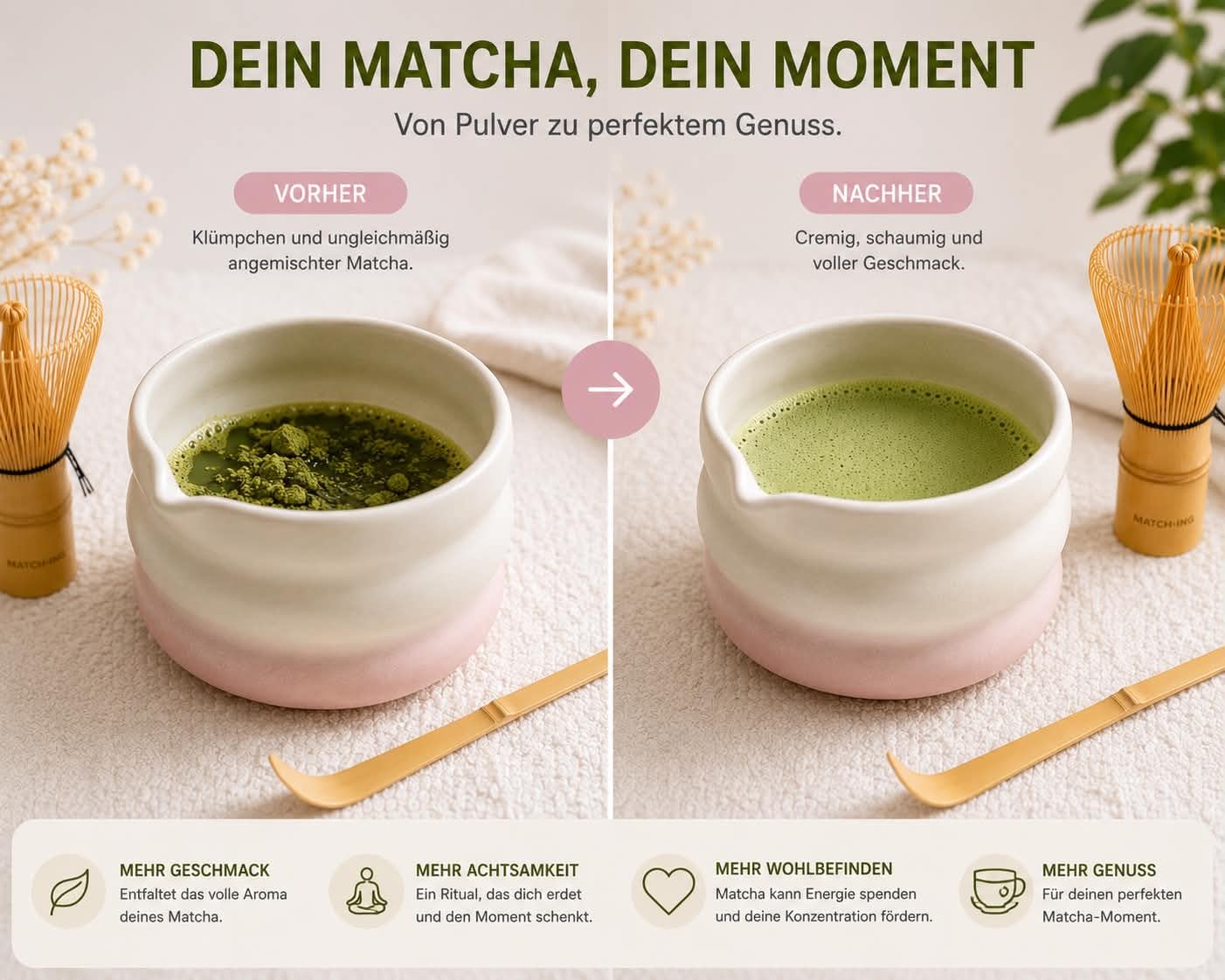 Juego de 4 piezas de Matcha, cuenco de cerámica Matcha, escoba matcha de bambú (Chasen), soporte para escobas y cucharas – Juego de accesorios para matcha japoneses – Rosa