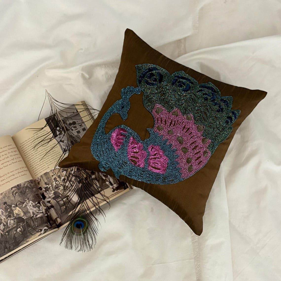The HomeCentric Pillow Covers, Decorative Brown Designer Throw Pillow Covers 16x16 inch (40x40 cm) Silk Throw Pillows for Couch, Birds, Peacock, Beaded, Traditional Accent Pillow - Blue Peacock