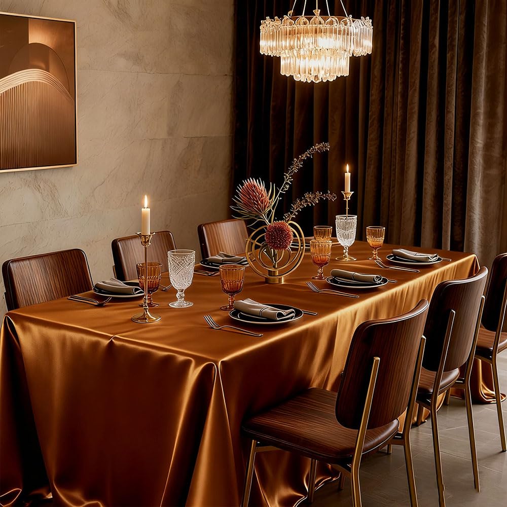 Mateju Mantel Mesa Rectangular de Satén, Lavable Manteles de Mesa Satinado, Mantel Antimanchas para Banquetes de Boda, Fiestas, Cumpleaños, Bar, Restaurante, Hotel (Café Dorado,180x280cm)