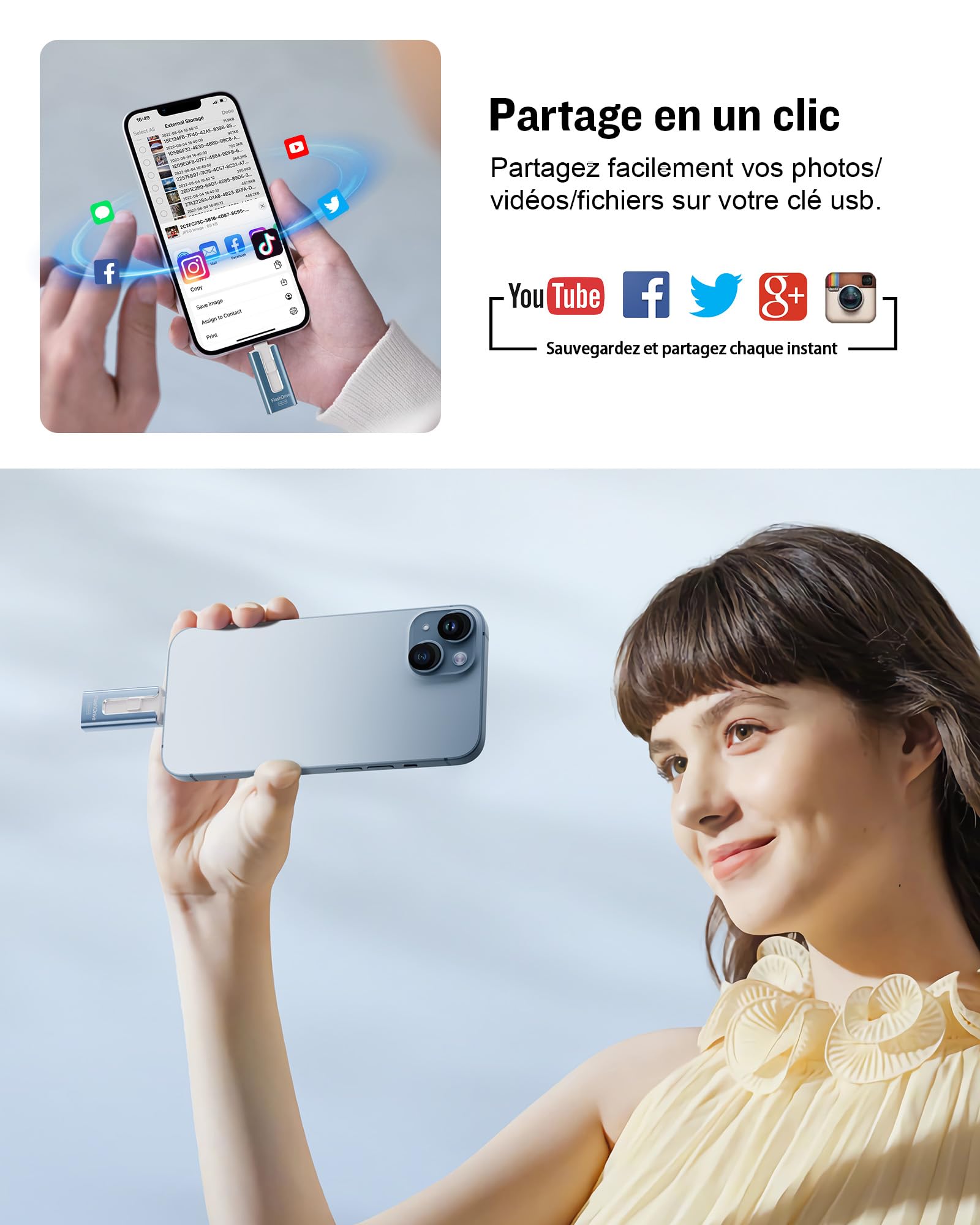 GNASEET Clé USB 256 Go, Transfert Grande Vitesse 3.0, 4 en 1, Stockage Photos, Vidéos, Fichiers pour iOS, Android, Pad, Type C et PC (Bleu)