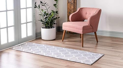 Miniatura 2 de Unique Loom - Alfombra redondeada de la colección Trellis Frieze (2 pies x 6 pies 1 pulgada, para pasillo, color gris claromarfil)